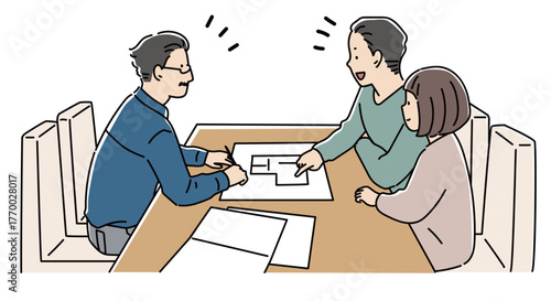 建築図面を見て打ち合わせをする設計士と夫婦_カラー