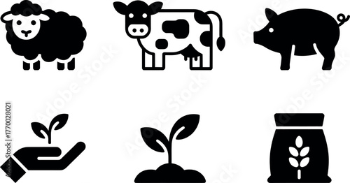 Set of six black and white icons representing farming animals crops and agriculture vector