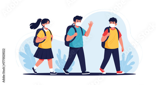 Three young students, a girl and two boys, wear face masks and backpacks while walking, one waving, representing a safe return to school.
