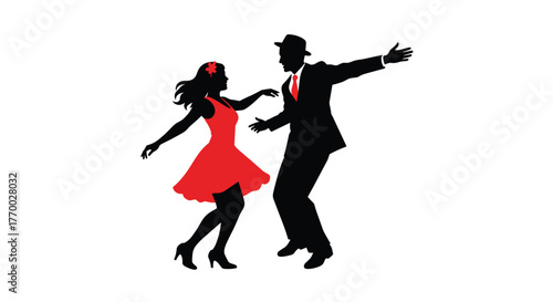 Energetic silhouette of a retro couple swing dancing with a woman in a red dress and a man in a suit and fedora on a white background.
