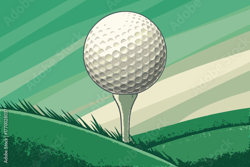 Extreme close-up, golf ball perfectly poised on wooden tee, awaiting powerful swing, golf course background bokeh.