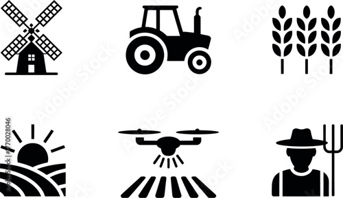 Set of six black and white icons representing modern and traditional agriculture technology and farming vector