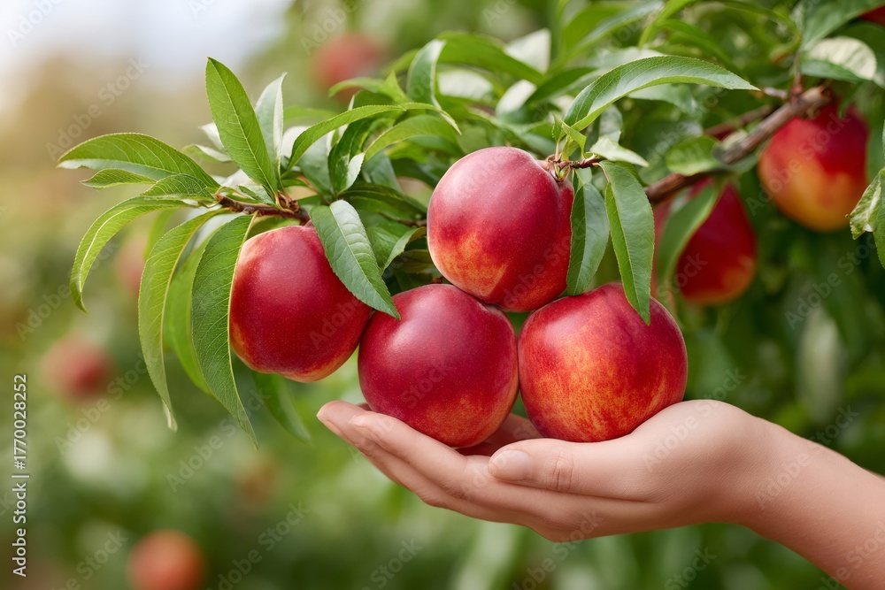 Obraz premium Hand holding organic nectarines picking from tree