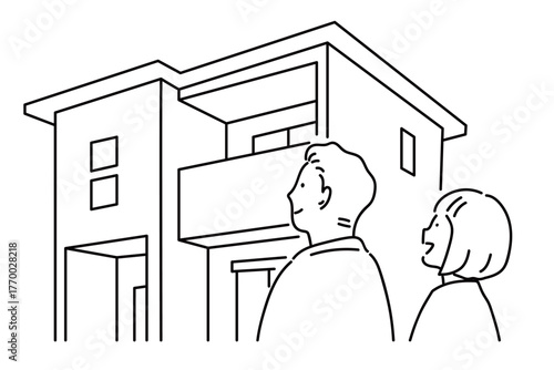 完成現場に足を運ぶ夫婦_線画