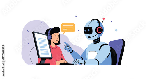 Human agent in a headset collaborates with a friendly AI chatbot robot on a computer, representing digital customer support and smart assistant technology.