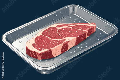 Stunning macro photography exquisite marbled steak, juicy, seared, resting on a chilled, brushed stainless steel tray, culinary perfection.