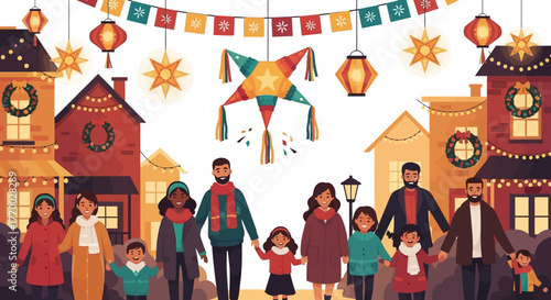 Holiday scene depicts families in festive garb adorned with lights lanterns a star piñata and holiday bunting on neighborhood buildings