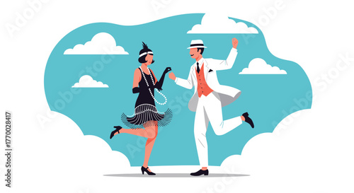 A cheerful couple in vintage 1920s flapper and dapper outfits joyfully dances against a whimsical blue sky with white clouds, celebrating the era.