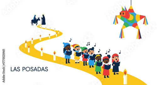 Illustration of Las Posadas with Mary Joseph singers candles piñata