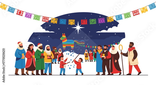Illustration of people gathered around a piñata under a starfilled sky with decorative banners overhead