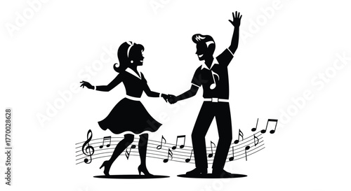 A cheerful black and white silhouette of a couple in retro attire happily dancing to music, surrounded by musical notes.
