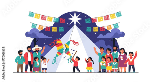 Illustration shows a diverse group celebrating a piñata with colorful decorations  festive mood