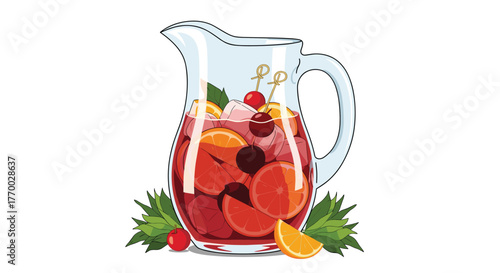 A vibrant glass pitcher of refreshing sangria, garnished with fresh oranges, cherries, and green leaves, ready to be served.
