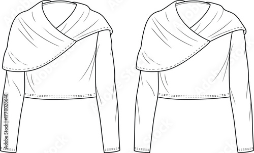 Asymmetric draped wrap top fashion CAD flat with long sleeves, crossover shawl collar blouse technical apparel drawing for sewing pattern and garment construction guide