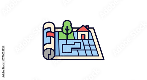 land plot plan icon on a blueprint showing a house tree and urban layout ideal for real estate property development and city planning.