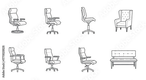 line art drawing of various seating furniture modern office chairs a traditional tufted armchair and a minimalist bench.
