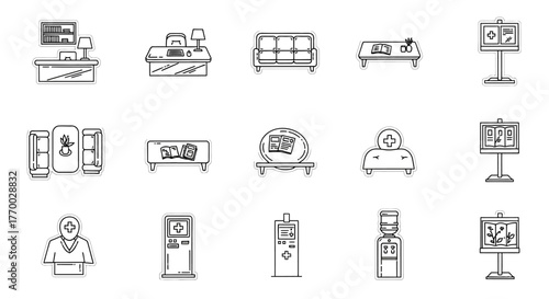 line art icons depicting diverse furniture equipment and kiosks for modern office and healthcare waiting areas ideal for ux ui design.
