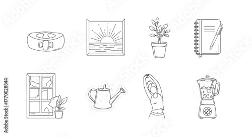 line art icons of daily wellness routines and self-care illustrating healthy habits nature connection and personal growth for lifestyle content