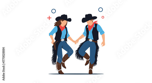 Cowboy and cowgirl couple in western attire holding hands and performing a traditional country dance on a white background.