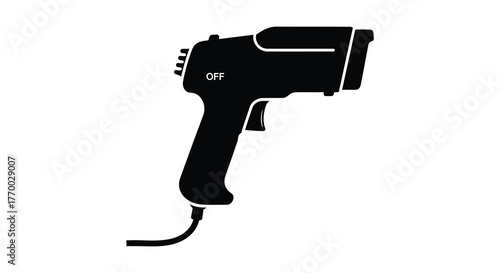 Black silhouette of a handheld infrared thermometer gun with a cord on a white background