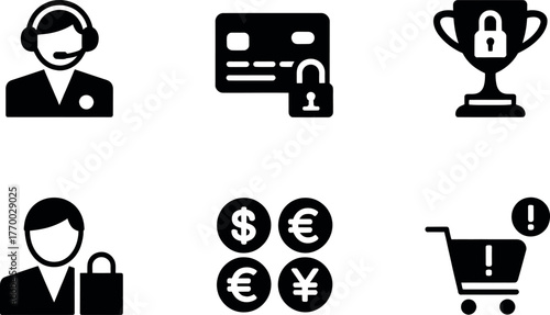 Set of six black and white icons representing customer support security shopping and finance concepts vector