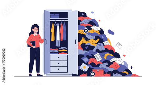 A cheerful woman showcases her perfectly organized wardrobe, contrasting with an overwhelming mound of belongings next to it.