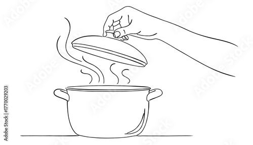 鍋の蓋を開ける手の線画イラスト,湯気,調理,料理,キッチン,煮る,ベクター