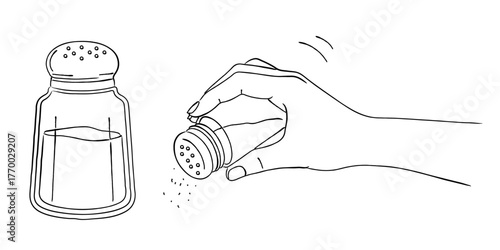 ソルトシェイカーで塩を振る手の線画イラストセット,調味料,料理,キッチン,ベクター