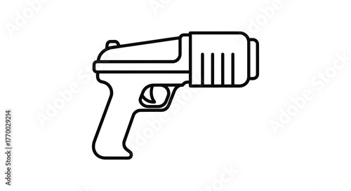 Stylized outline drawing of a futuristic handheld energy weapon or ray gun in silhouette