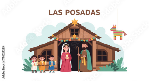 Las Posadas depiction Mary Joseph kids with candles hut piñata