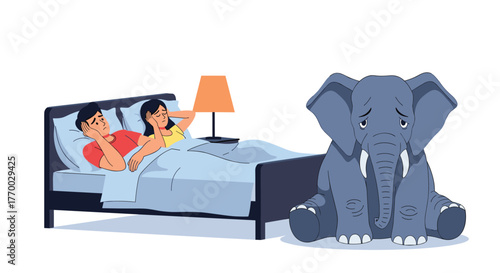 Distressed couple in bed with a sad elephant on the floor, symbolizing a significant unspoken issue or problem they are avoiding.