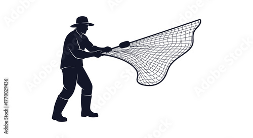 Fisherman in a hat and boots casting a fishing net with a distinctive silhouette against a white background