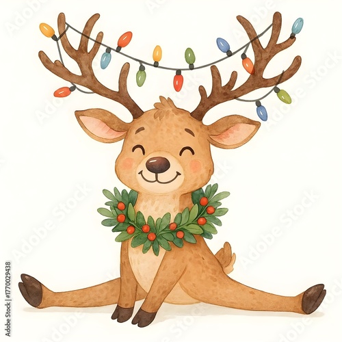 Watercolor reindeer with lights on antlers does splits, wears wreath. Vector illustration