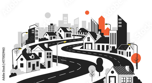 Stylized urban landscape illustration depicting residential homes, modern city buildings, and winding roads with streetlights and trees.