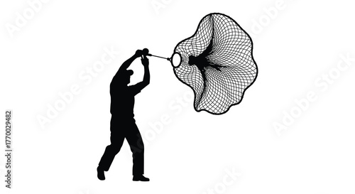 Man holding a large butterfly net outdoors in a distinctive silhouette style