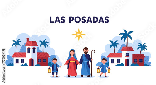 Las Posadas festive scene Mary Joseph two children with lanterns amid houses and palm trees under a guiding star