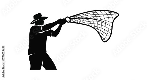 A person wearing a hat and holding a fishing net in a dynamic silhouette pose