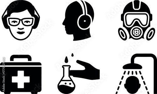 Set of six black and white safety and health icons for industrial and workplace protection vector