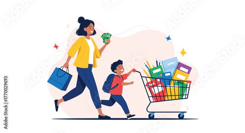 A smiling mother and son are back-to-school shopping, with the mother holding cash and the boy pushing a cart full of notebooks and pencils.