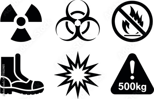 Set of six industrial safety warning icons including radiation biohazard fire hazard safety boots explosive symbol and weight limit vector