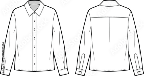 Button down shirt technical flat, fashion cad long sleeve woven shirt front and back template, detailed garment construction sketch for production spec sheet