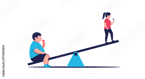 An overweight child and a thinner child eating ice cream on a seesaw, illustrating weight imbalance and unhealthy eating habits.