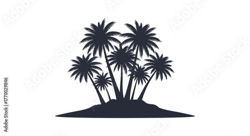 A dense cluster of tropical palm trees standing tall on a small island in a striking black silhouette