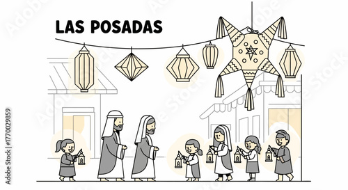 Las Posadas illustration shows people with lanterns under decorations