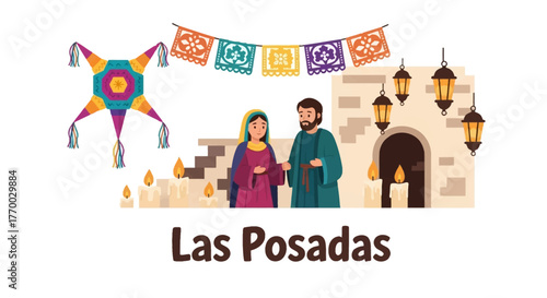 Las Posadas illustration shows Mary Joseph decorations and candles