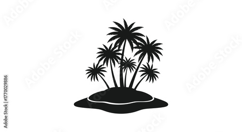 A cluster of tropical palm trees standing tall on a small island presented as a striking black silhouette against a white background evoking a sense of paradise and isolation