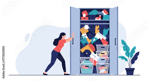 A woman struggles to close an overflowing closet packed with too many clothes and accessories.