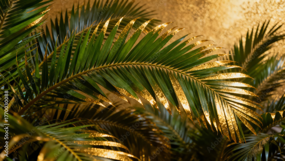 Fototapeta premium Close-up of green palm leaves with golden light reflection
