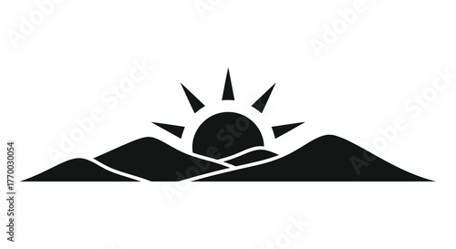Stylized sunrise behind jagged mountain peaks in a bold black silhouette against a white background