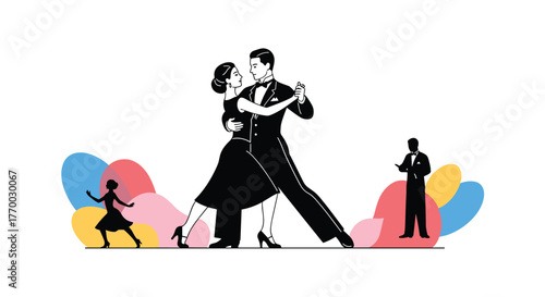 An elegantly dressed couple performs a romantic ballroom dance, accompanied by other dancing figures and vibrant abstract shapes, symbolizing joy.